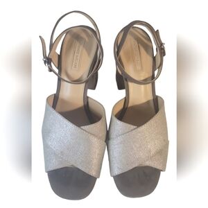 Antonio Melani Biege & Brown Ankle Strap Block Heels Fabric/Leather Sandals 8.5M